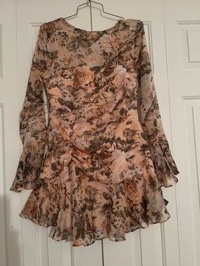 Long-Sleeve Floral Ruffle Mini Dress - Peach Floral